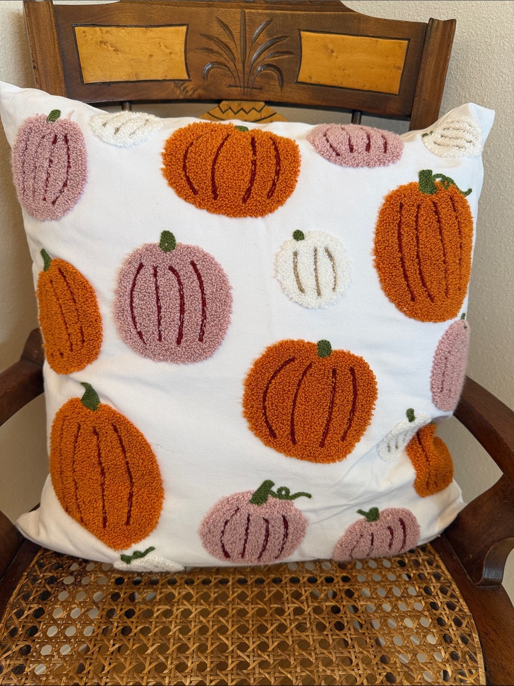 Autumn Pumpkin Throw Pillow - White with Orange & Pink Pumpkins